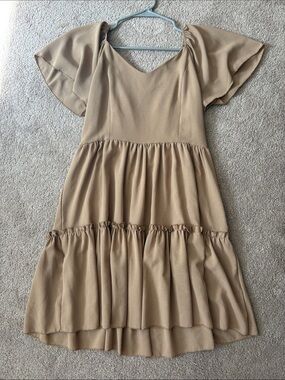 Tan Tiered Flutter Sleeve Dress